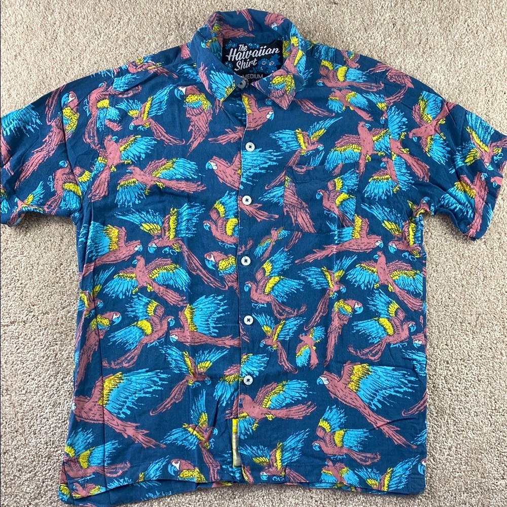 Rowdy Gentleman Parrot Print Hawaiian Shirt Mens Medium Navy Blue Viscose SS